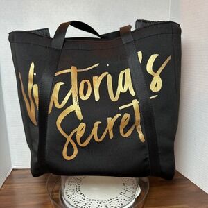 Victorias Secret Tote Cooler Bag Black Gold Metallic Script Logo Travel